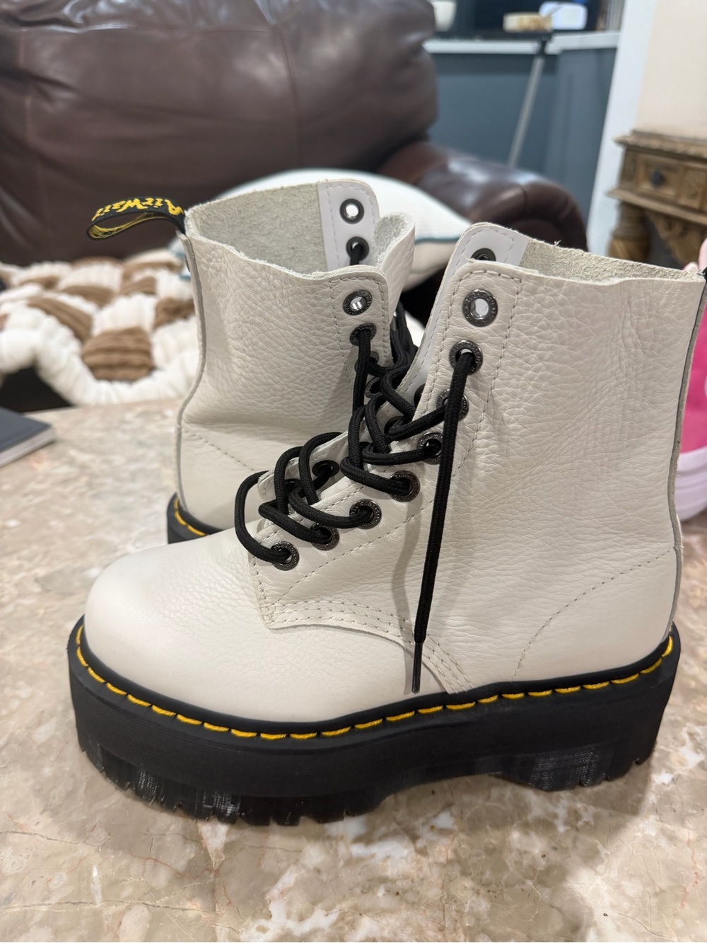 Dr. Martens White Platform Lace-Up Combat Boots with Black Laces